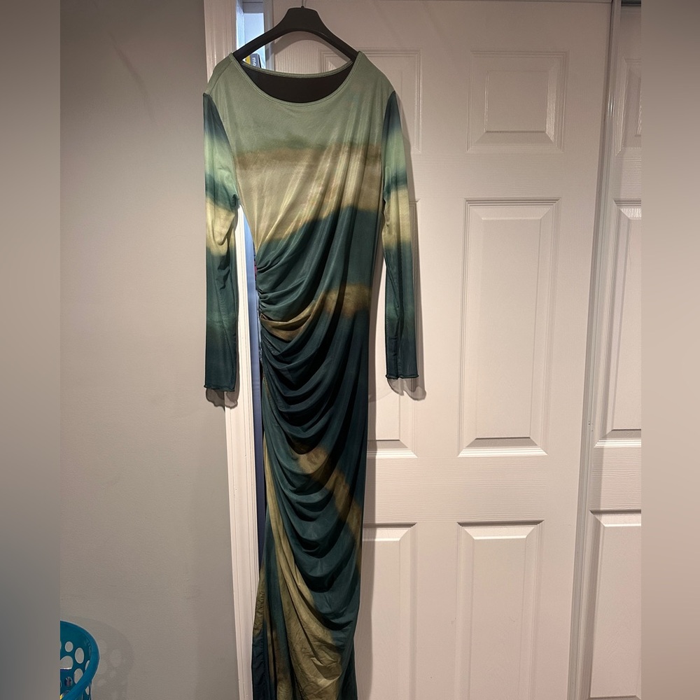 Long Sleeve Draped Maxi Dress in Teal and Olive